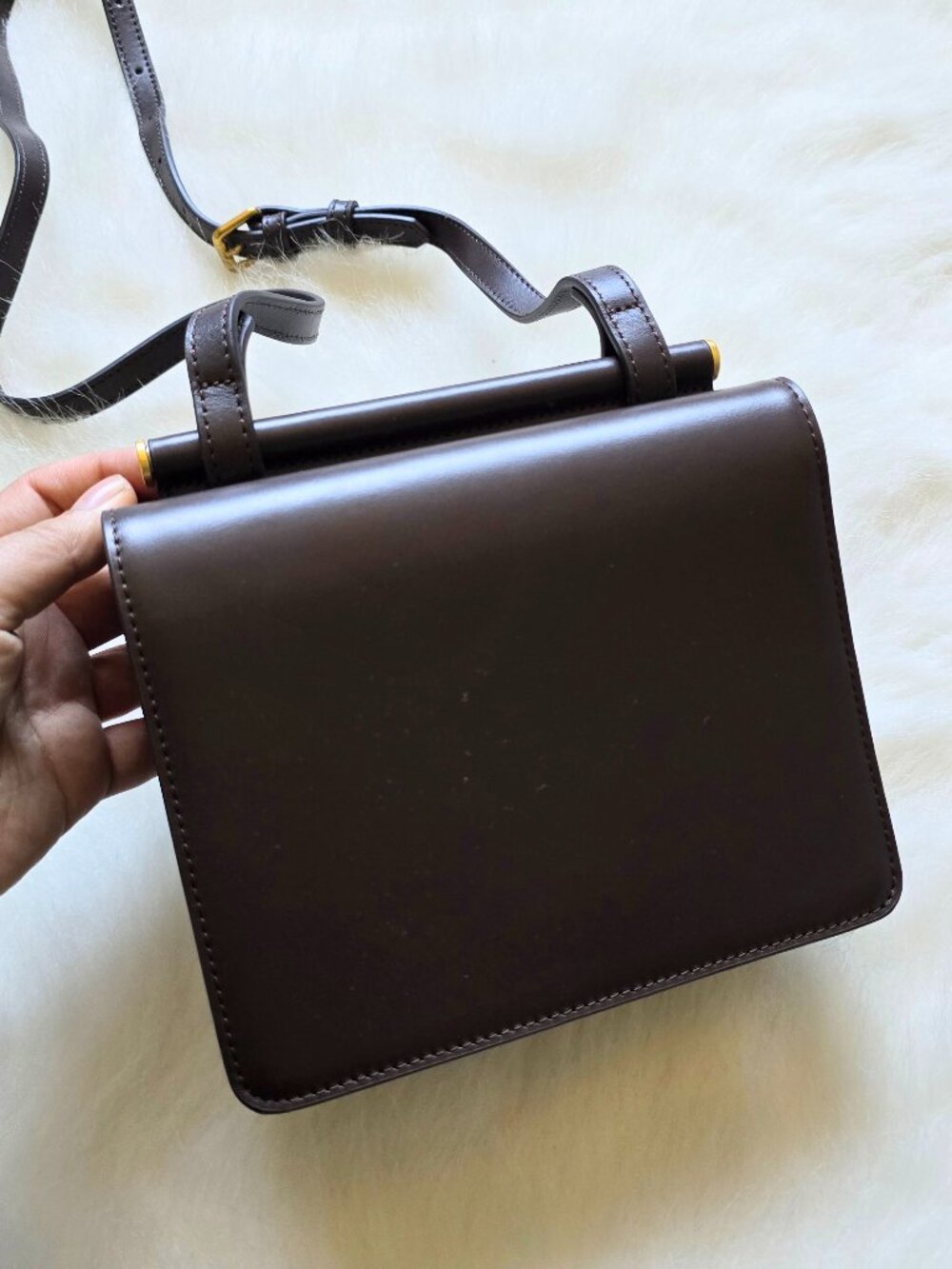 Chocolate Brown Square Small Double Flap Leather Bag